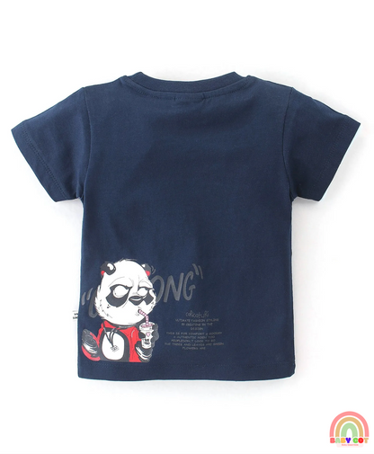 100% Cotton Knit Half Sleeves T-Shirt & Shorts With Panda Print - Navy Blue