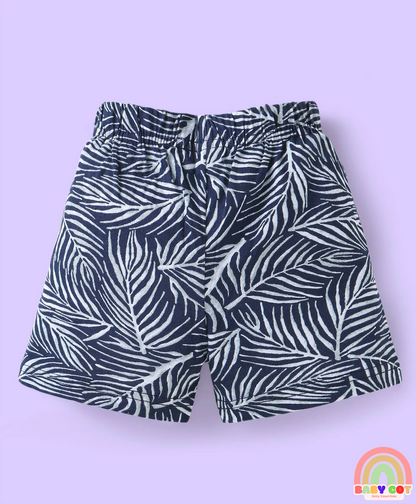 Single Jersey Knit Mid Thigh Shorts with Tropical & Text Print Pack of 3 - Black & Grey
