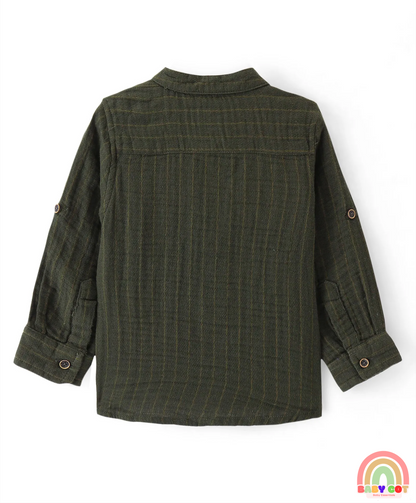 Cotton Woven Full Sleeves Mandarin Collar Solid Colour Shirt - Olive Green