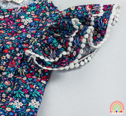 Cotton Woven Frill Sleeves Floral Printed Top - Navy Blue