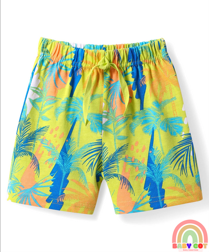 Cotton Knit Mid Thigh Shorts with Tropical Theme Print & Stripes Pack of 3 - Multicolor