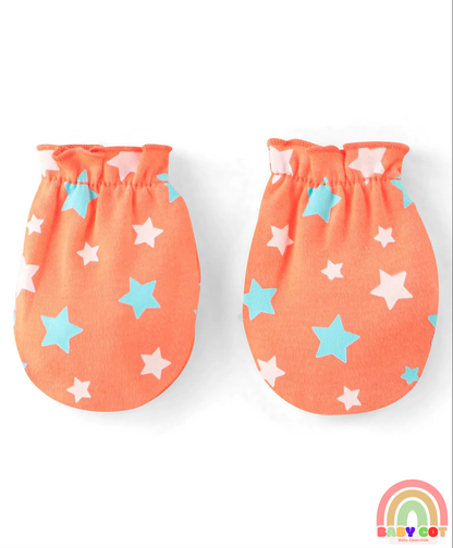 100% Cotton Knit Star Printed Cap Mittens & Booties Set- Orange