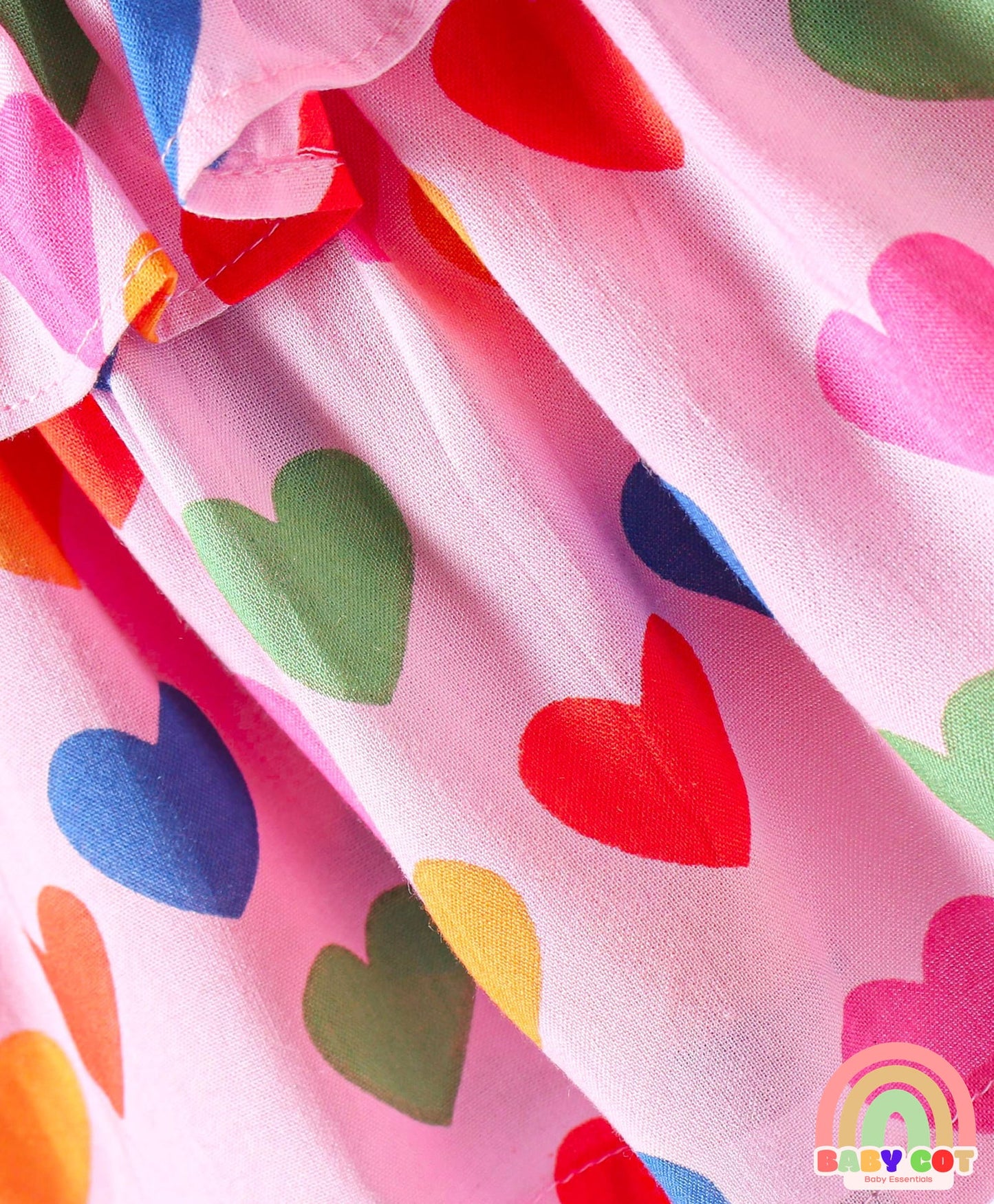 Rayon Woven Full Peasant Sleeves Heart Printed Top with Frill Detailing - Pink Red & Blue