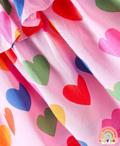 Rayon Woven Full Peasant Sleeves Heart Printed Top with Frill Detailing - Pink Red & Blue