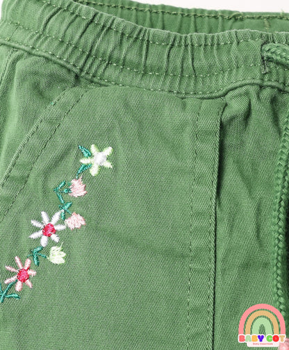 Twill Woven Full Length Trouser with Stretch & Floral Embroidery - Green