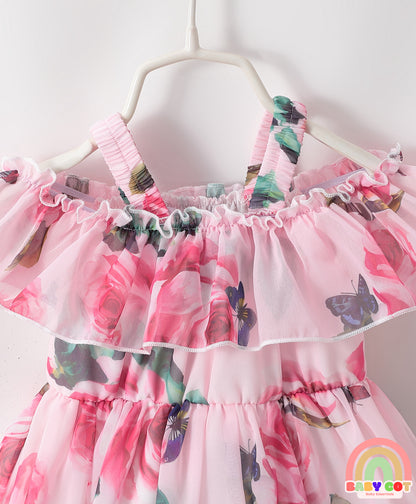 Cold Shoulder Sleeves Frock with Floral Print & Frill Detailing - Pink