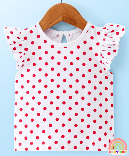 Single Jersey Knit Frill Sleeves T-Shirt With Layered Frock Floral Print - White & Red