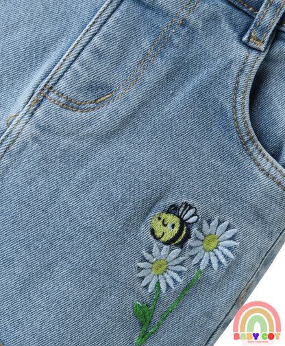 Denim Mid Thigh Washed Skirts With Floral & Bee Embroidery - Light Blue