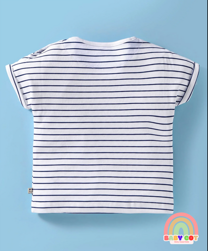 Interlock Knit Half Sleeves Striped T-Shirt & Shorts Set With Animal Print - White