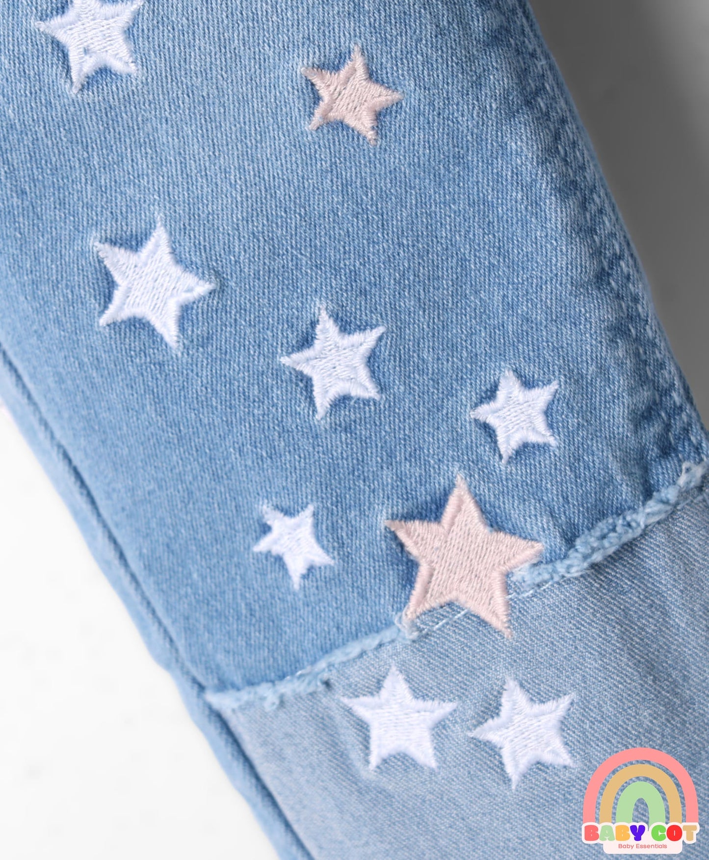 Full Length Washed Denim Jeans with Stretch & Star Embroidery - Light Blue
