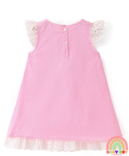 Cotton Woven Frill Sleeves Floral Embroidered & Lace Detailing Frock With Bloomer & Headband - Pink