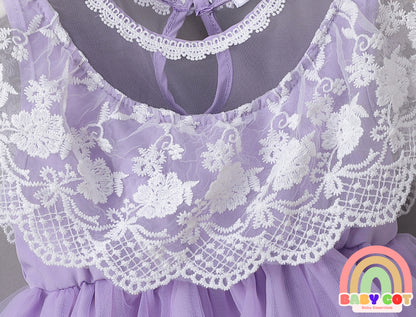 Sleeveless Mesh Frock with Floral Corsage - Purple