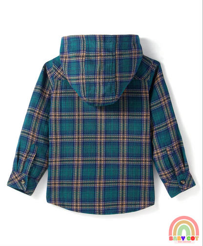 Cotton Woven Full Sleeves Checkered Hooded Shirt - Dark Green