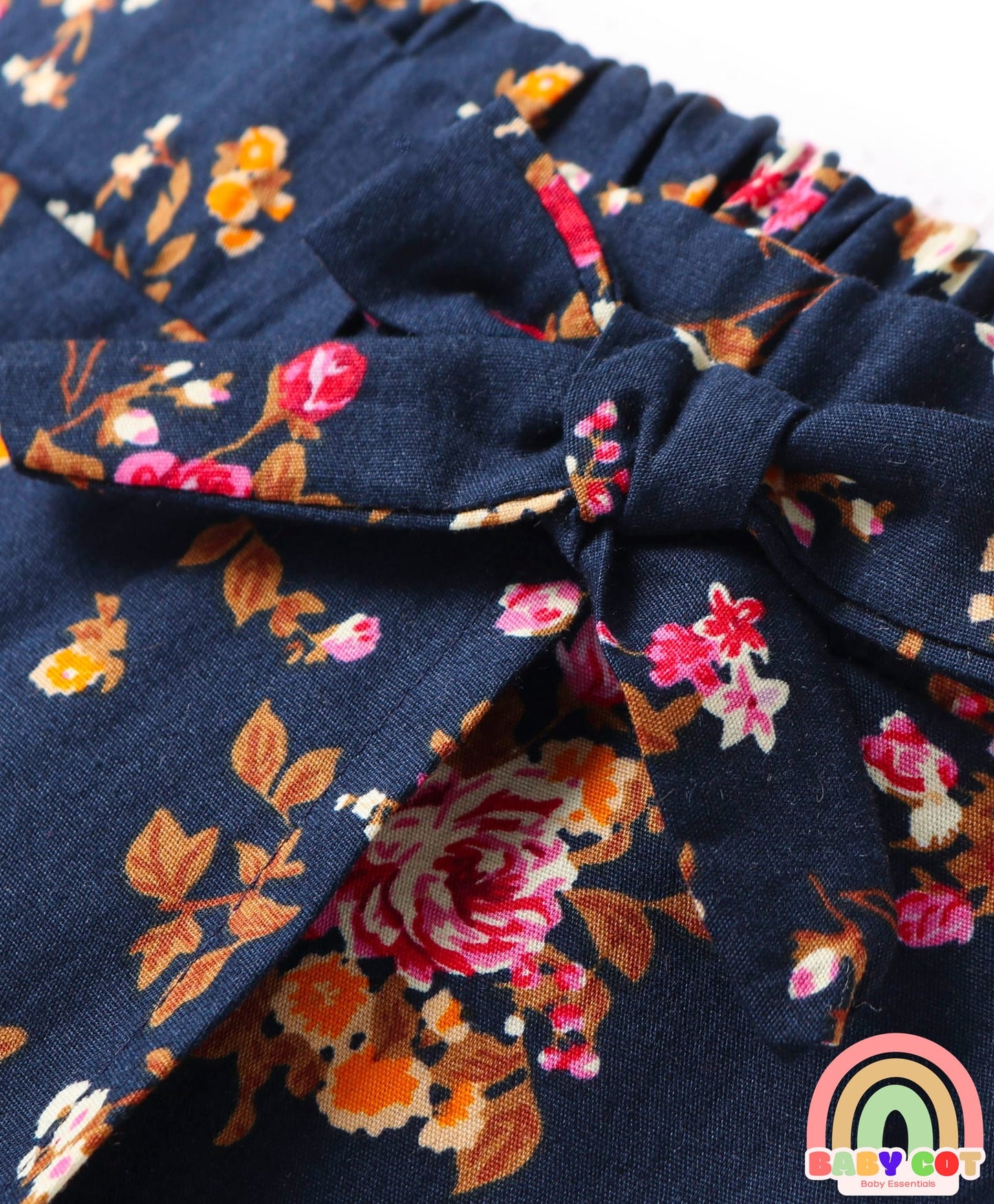 Cotton Floral Printed Bow Applique Detailed Skorts - Navy Blue