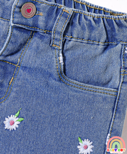 Denim Mid Thigh Shorts With Floral Embroidery & Stretch- Blue