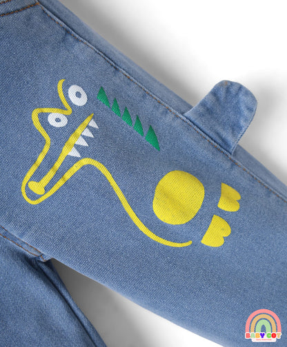 Denim Full Length Jeans with Dino Print & Spikes Detailing - Light Blue