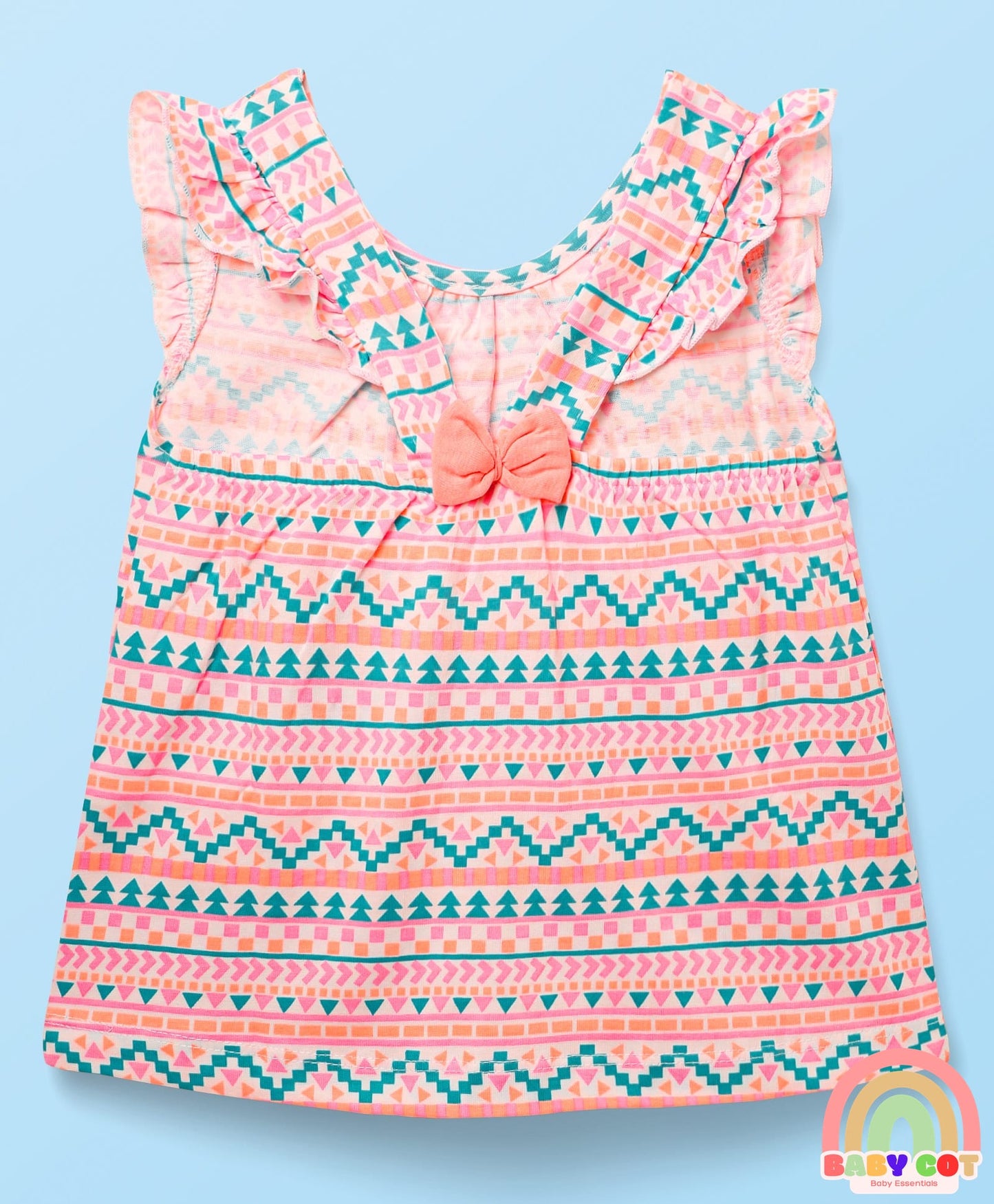 Cotton Sleeveless Printed Top & Shorts Set with Bow Applique - White & Pink