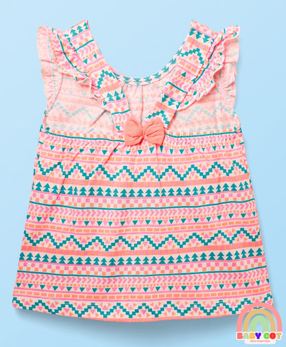 Cotton Sleeveless Printed Top & Shorts Set with Bow Applique - White & Pink