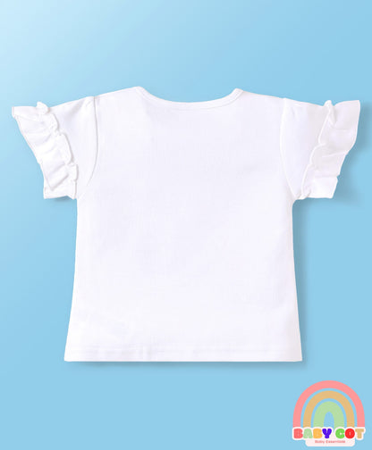 Interlock Knit Half Frill Sleeves T-Shirt & Shorts Set with Bunny Print & Bow Applique - Pink & White