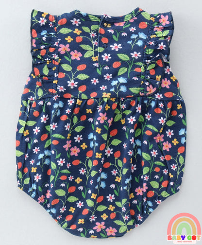 100% Cotton Interlock Knit Sleeveless Onesies With Cap & Floral Print - Navy Blue