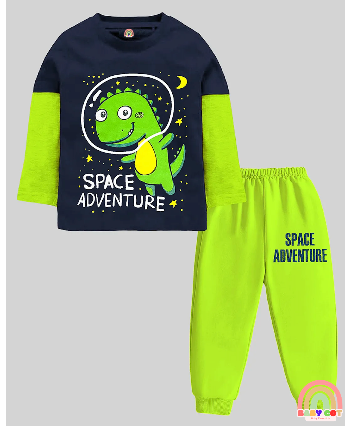 Pack Of 2 Full Doctor Sleeves Animals & Space Theme Printed Coordinating Tees & Joggers Set - Black Orange White & Green