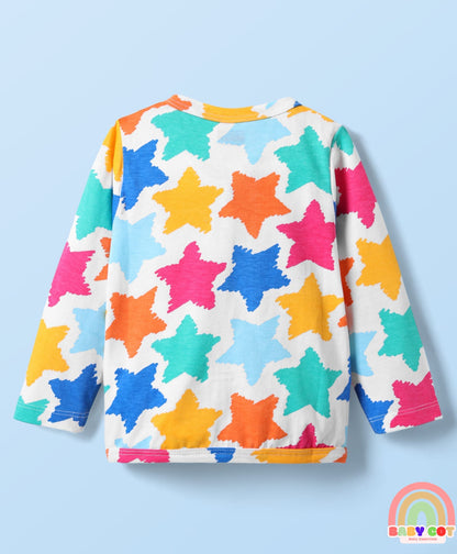 Single Jersey Knit Full Sleeves Top & Lounge Pant Co-ord Set with Star Print - White & Blue