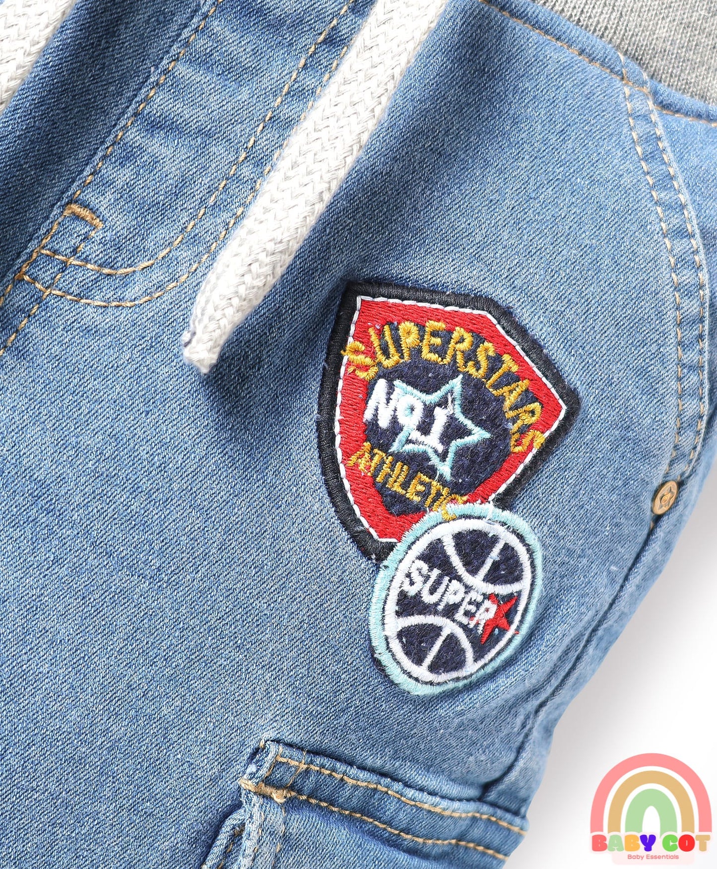 Full Length Washed Denim Jeans with Stretch & Patch Detailing - Light Blue