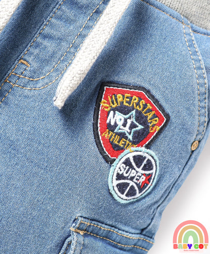 Full Length Washed Denim Jeans with Stretch & Patch Detailing - Light Blue