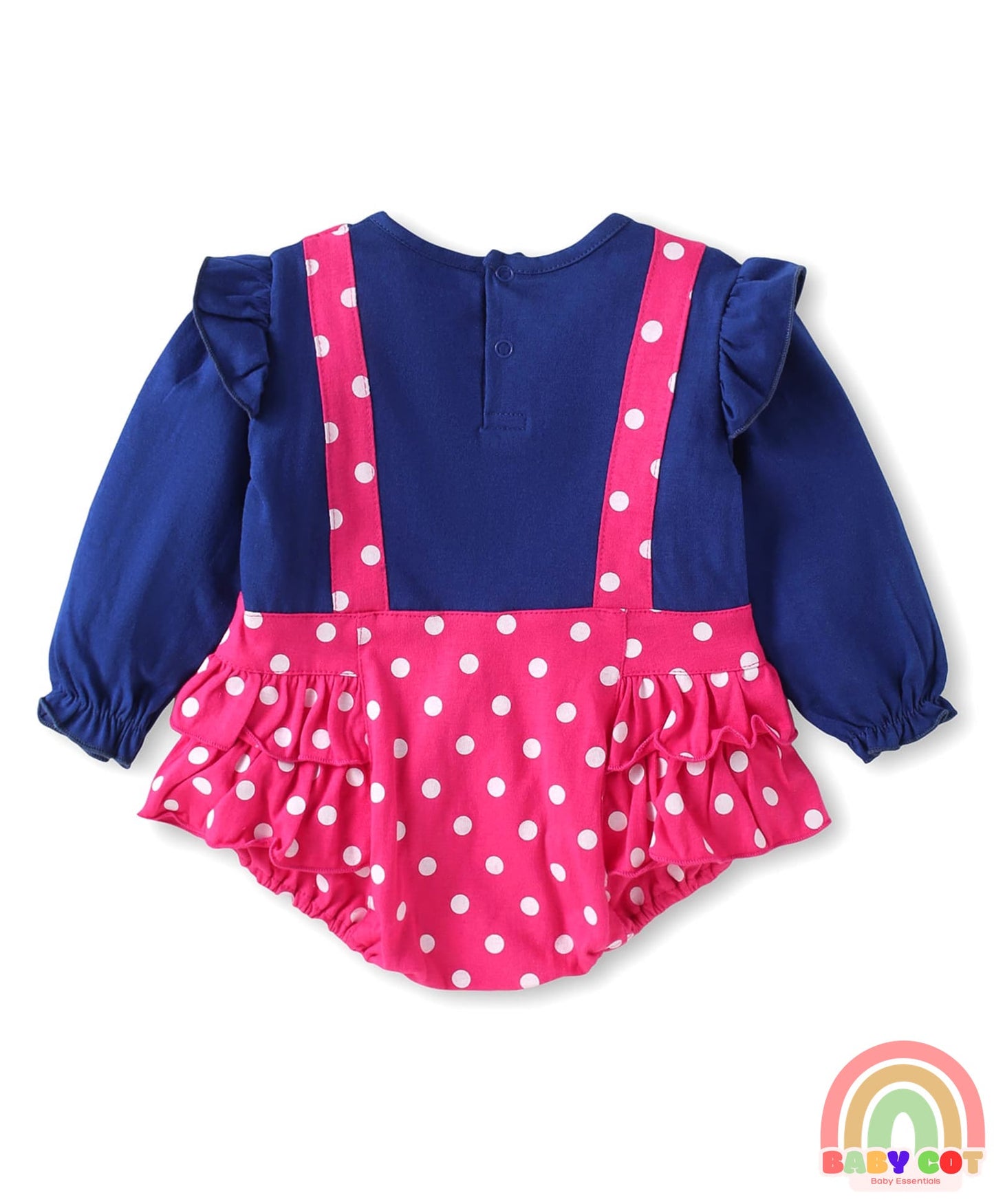 Interlock Knit Full Sleeves Onesie With Deer & Polka Dot Print & Headband - Navy Blue & Dark Pink