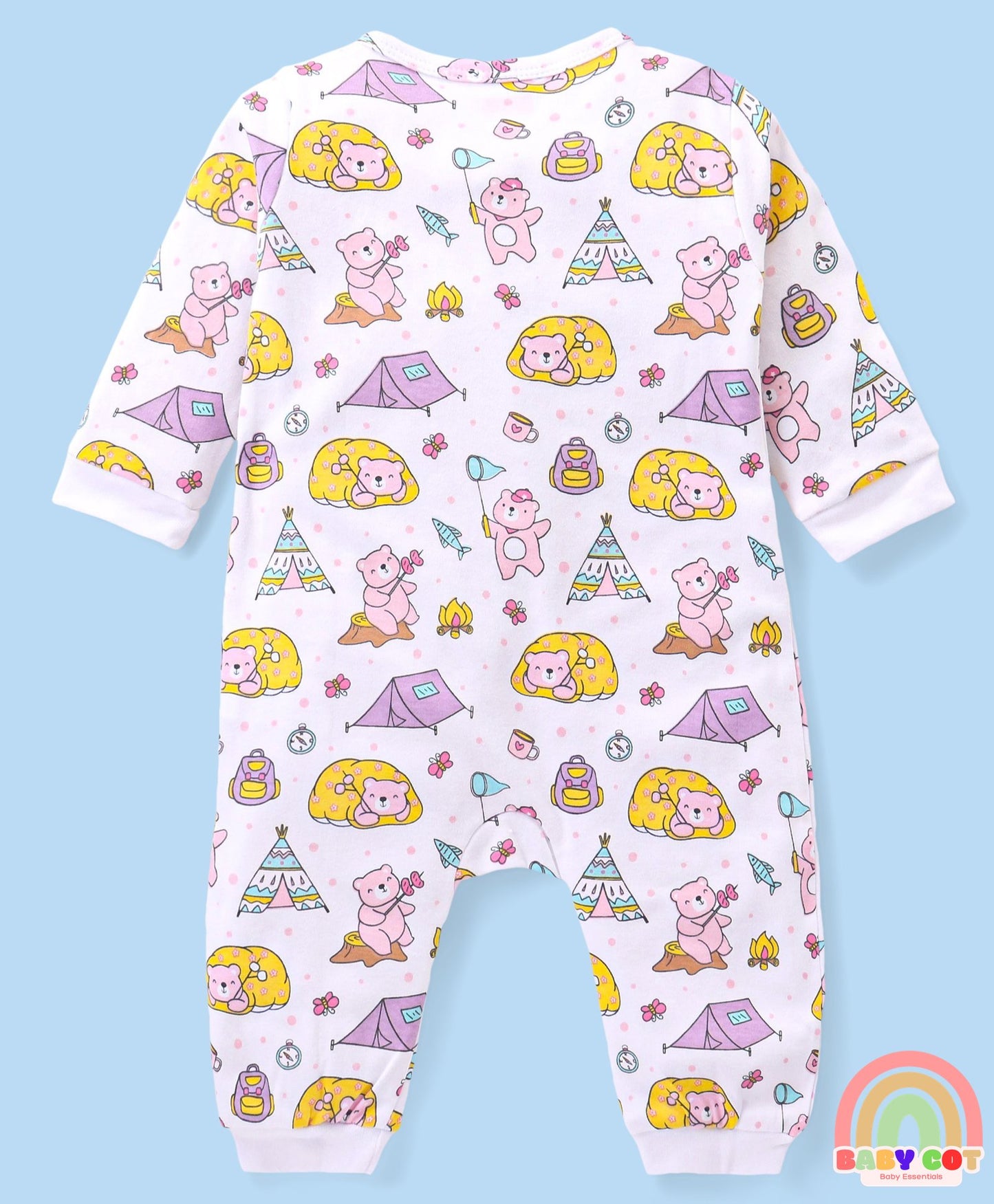 100% Cotton Knit Full Sleeves Rompers with Polka Dots & Bear Print Pack of 2 - Pink & White