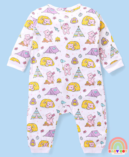 100% Cotton Knit Full Sleeves Rompers with Polka Dots & Bear Print Pack of 2 - Pink & White