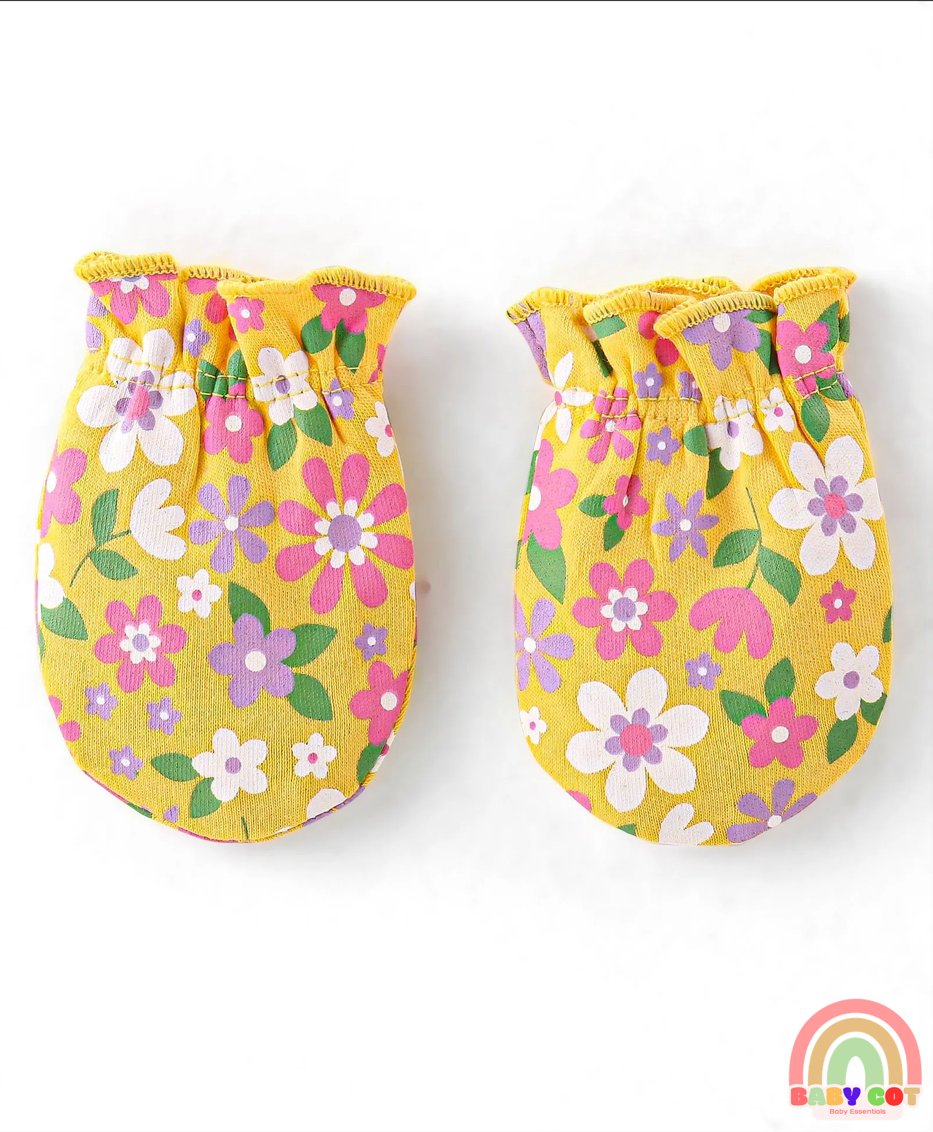 Interlock 100% Cotton Knit Cap Mittens & Booties Set Floral Print - Yellow