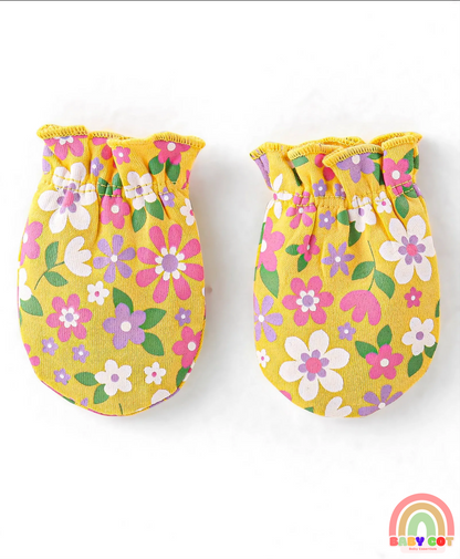 Interlock 100% Cotton Knit Cap Mittens & Booties Set Floral Print - Yellow