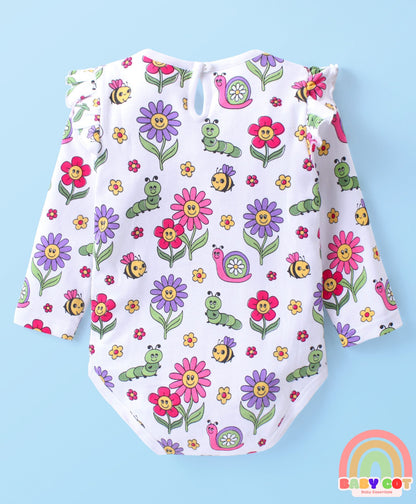 100% Cotton Full Sleeves Onesies with Frill Detailing Floral & Text Print Pack of 3 - Multicolour
