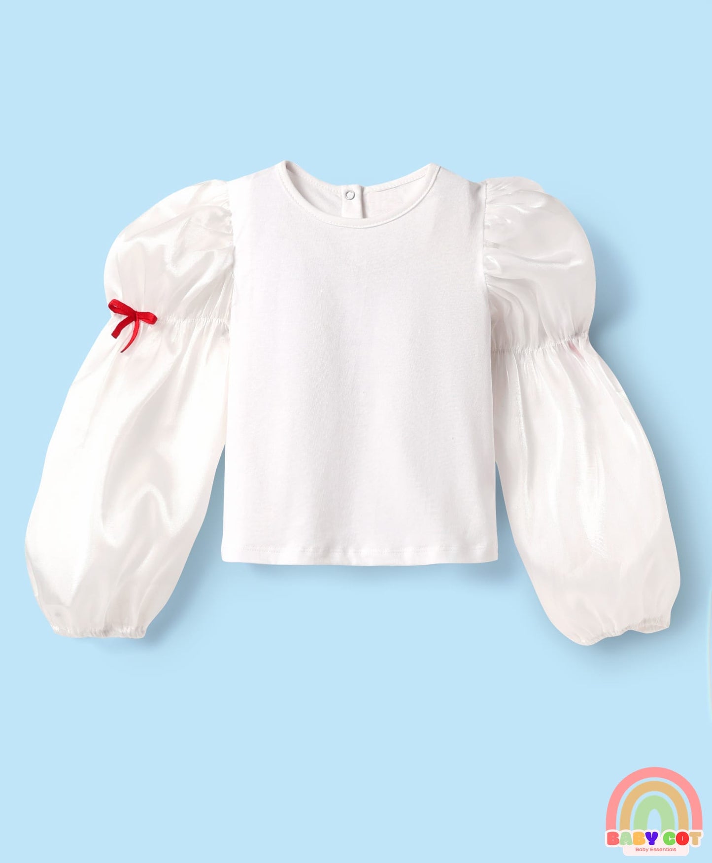 Cotton Knit Frock & Full Balloon Sleeves Inner Tee With Bow Applique - Red & White