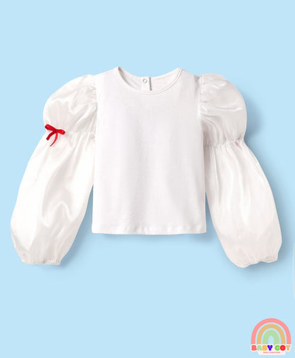 Cotton Knit Frock & Full Balloon Sleeves Inner Tee With Bow Applique - Red & White