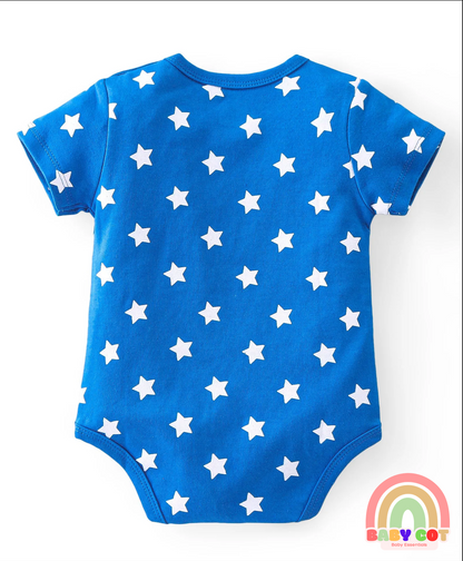 100% Cotton Knit Half Sleeves Onesies with Star & Dino Print Pack of 3 - Blue Yellow & Red