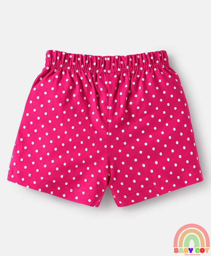 Single Jersey Knit Mid Thigh Shorts with Polka Dots & Bird Print with Bow Applique Pack of 3 - Pink Beige & Dark Pink