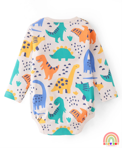 100% Cotton Knit With Eco- Jiva Finish Full Sleeves Onesies with Dino Print Pack of 5 - Blue Green & Pink