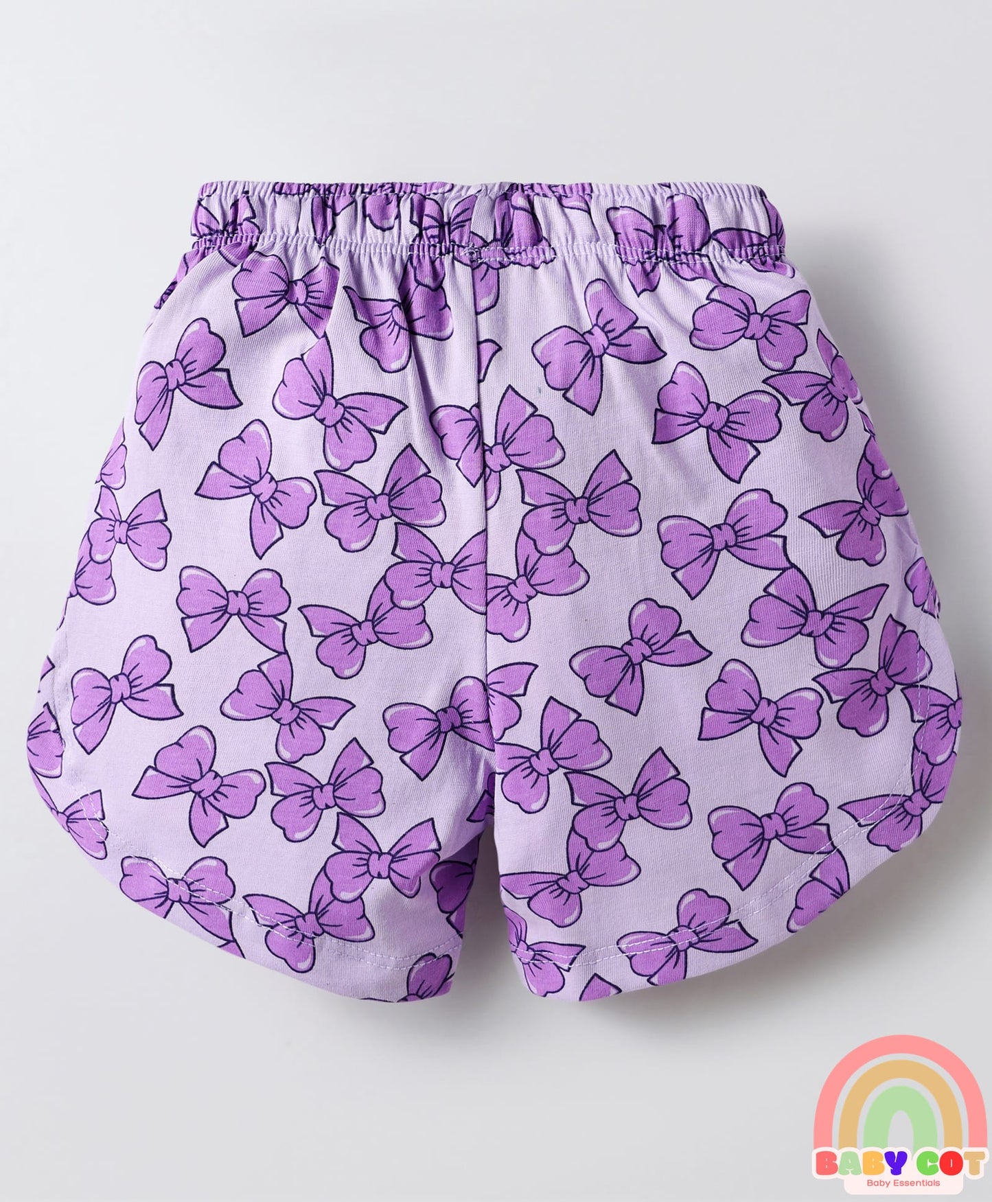 Sinker Knit Above Knee Length Shorts With Bow & Beach Theme Print Pack Of 3 - Purple Pink & Light Yellow