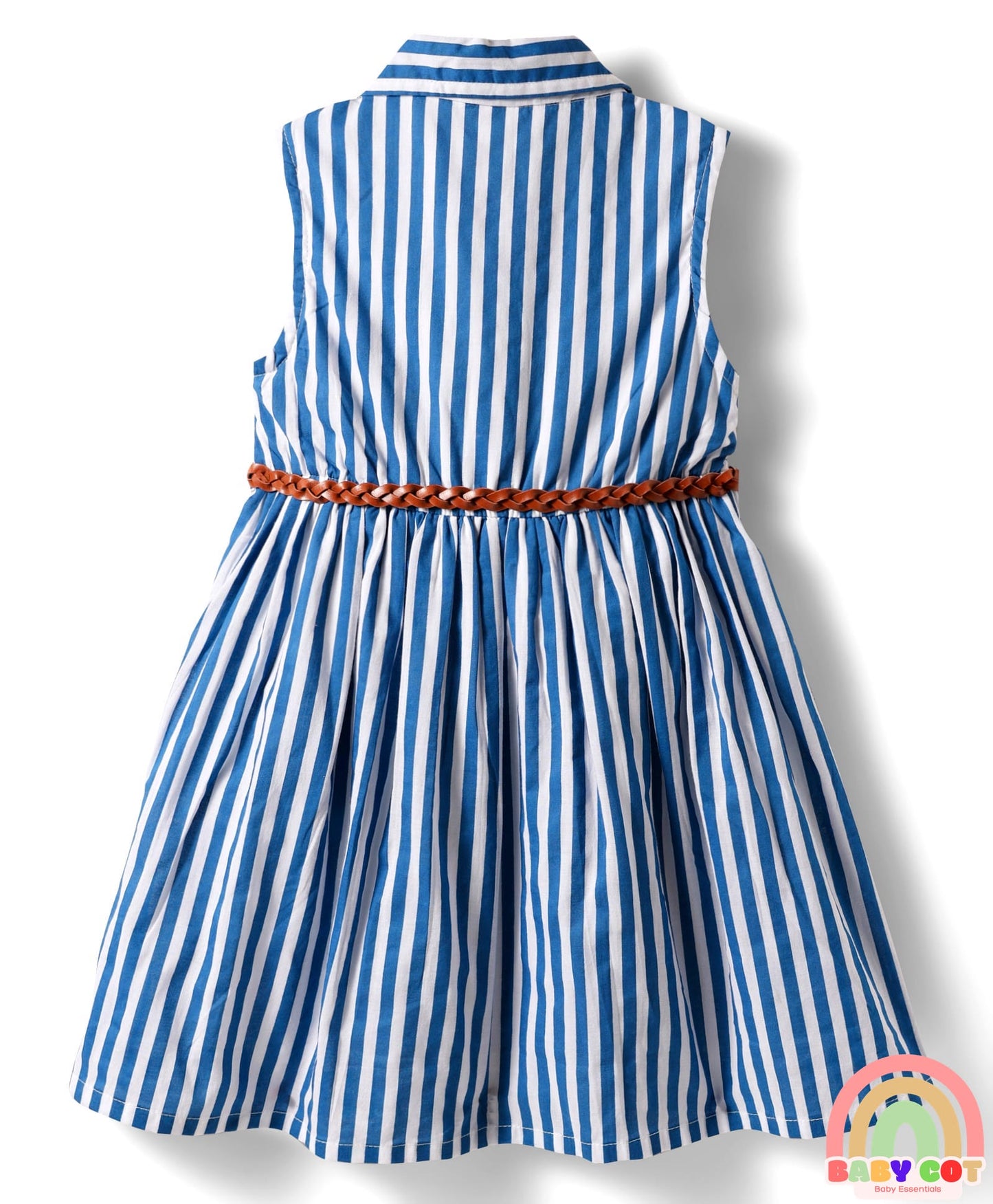 Single Jersey Knit Collar Neck Sleeveless Striped Frock With Bloomers & Belt - Blue