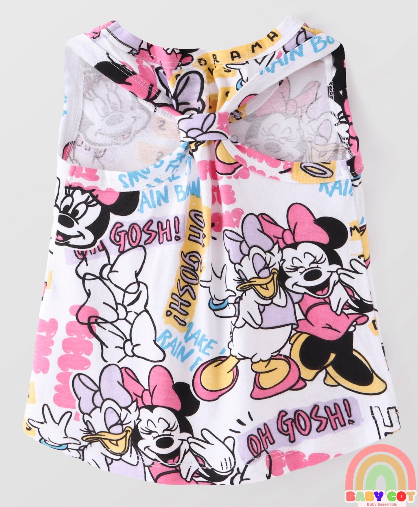 Cotton Knit Sleeveless Top & Shorts Set With Minnie Mouse Graphics & Knot Detailing - Multicolor