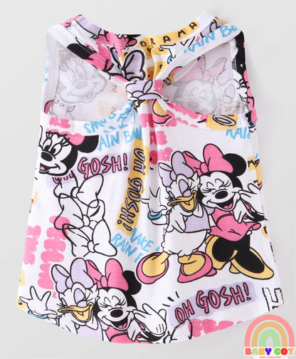 Cotton Knit Sleeveless Top & Shorts Set With Minnie Mouse Graphics & Knot Detailing - Multicolor