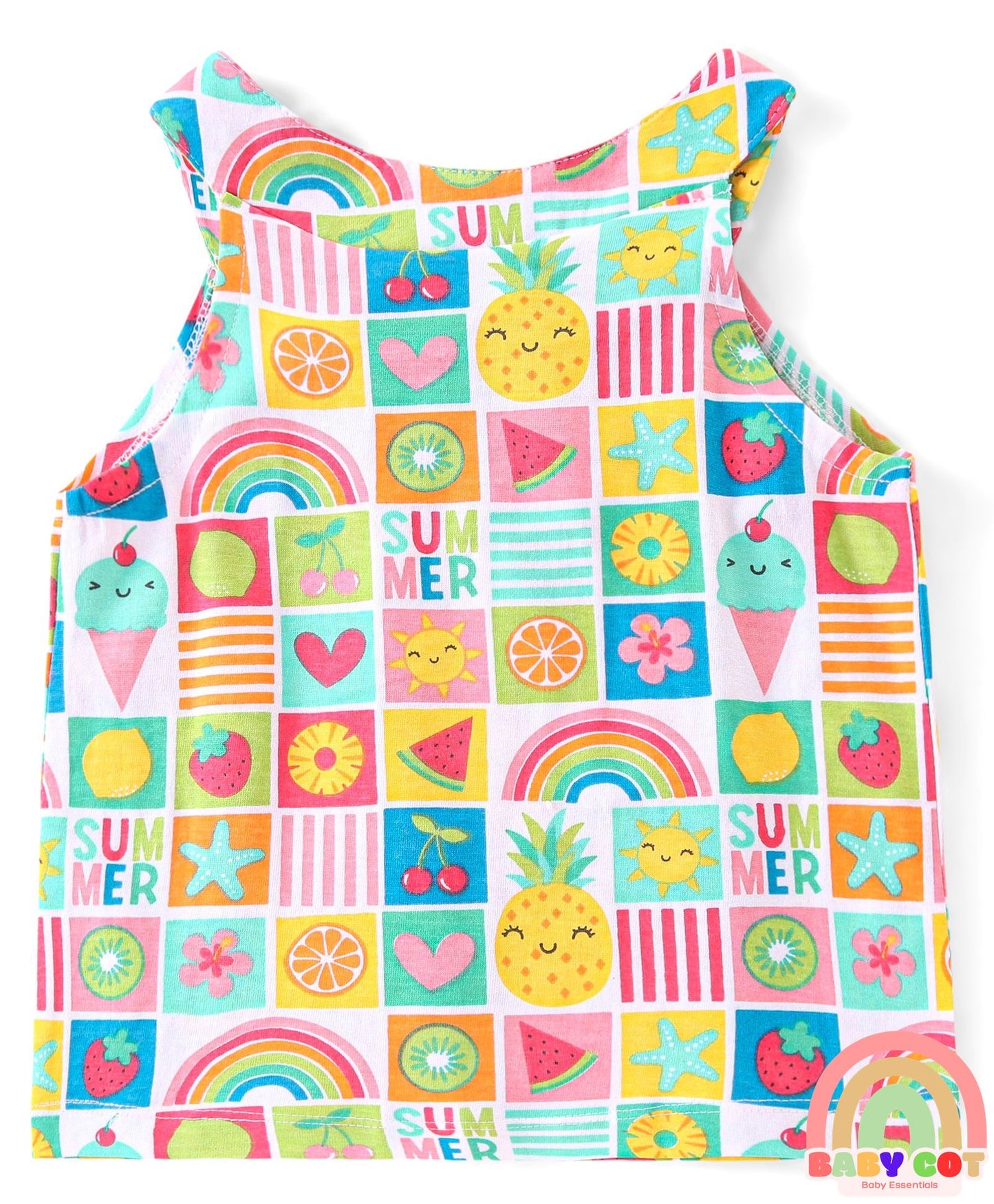 100% Cotton Knit Sleeveless Top & Shorts Set with Fruit Print - Multicolor