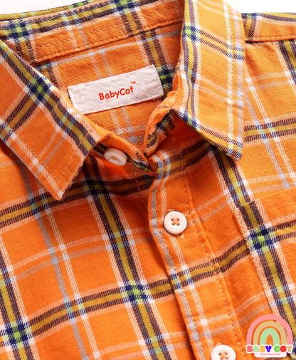 Cotton Knit Half Sleeves Checkered Shirt - Orange