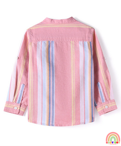 Cotton Woven Full Sleeves Mandarin Collar Stripe Kurta Shirt- Pink