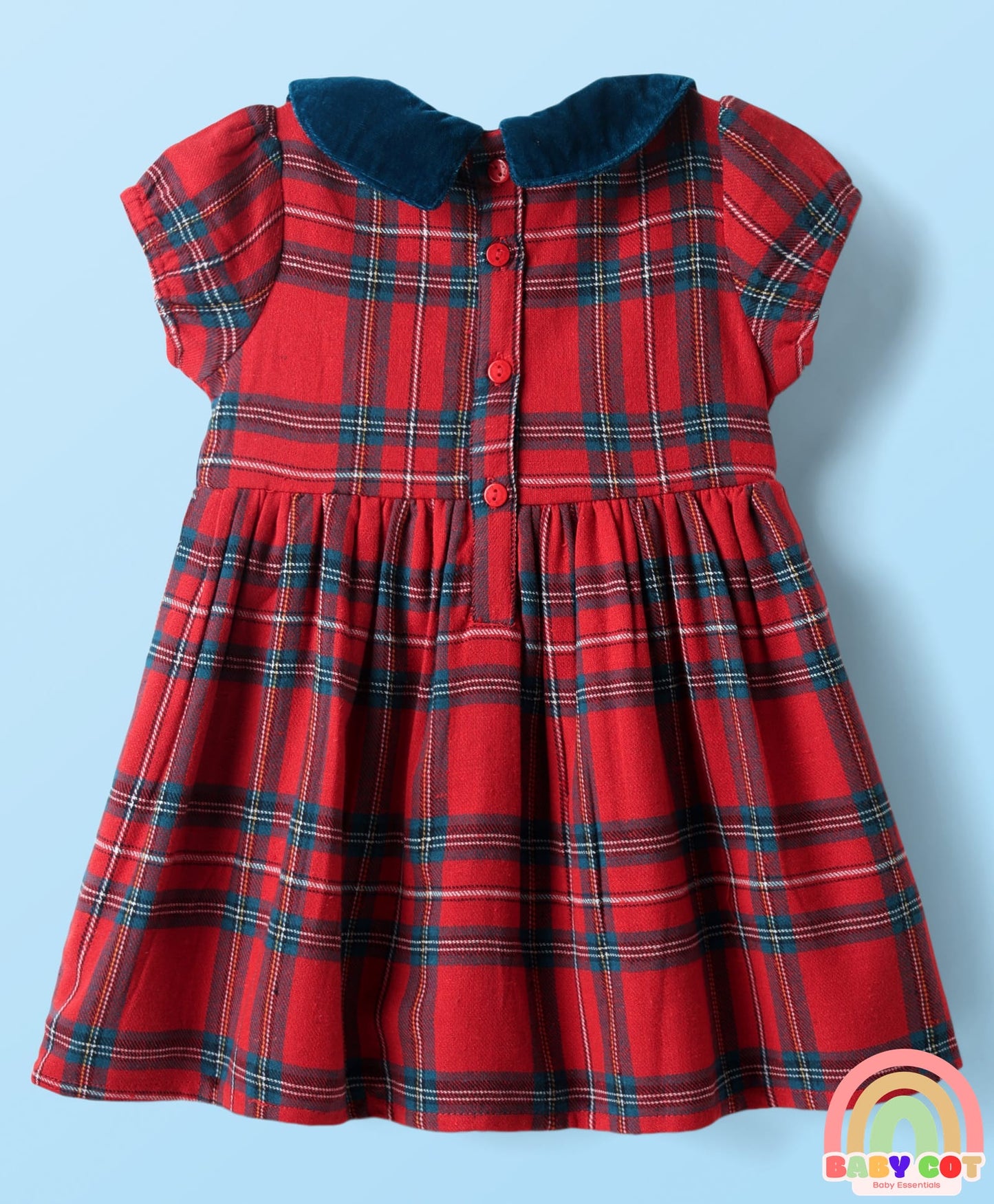 Cotton Woven Collar Neck Half Sleeves Checkered Frock With Sling Bag - Red