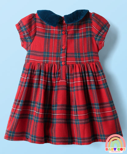 Cotton Woven Collar Neck Half Sleeves Checkered Frock With Sling Bag - Red