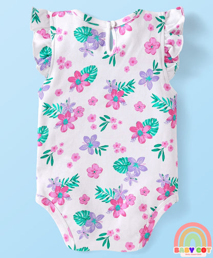 100% Cotton Knit Half Sleeves Floral Printed Onesie with Hairband & Mittens Booties - White