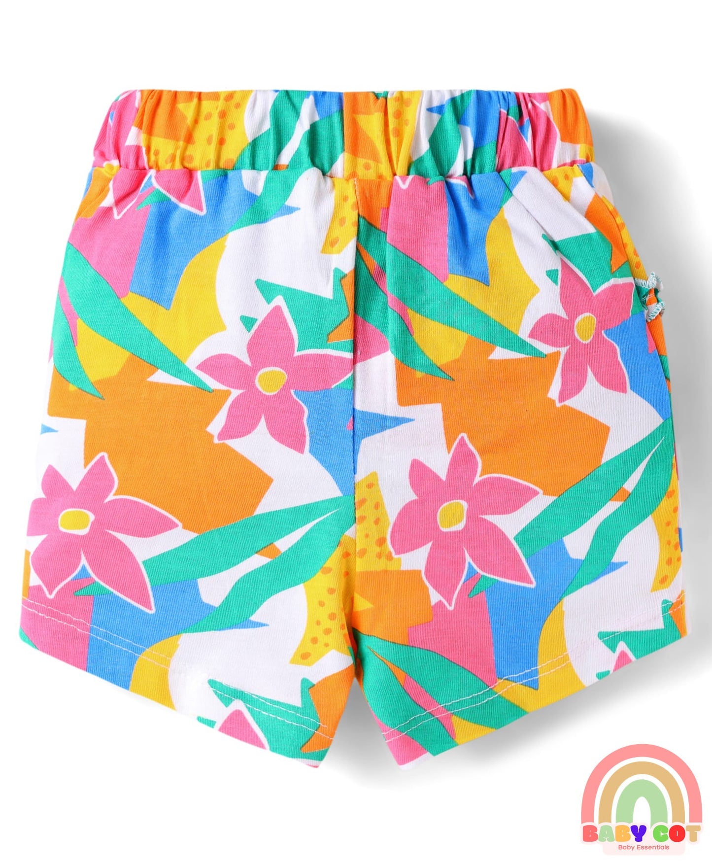 Cotton Knit Mid Thigh Lenght Shorts with Floral Print & Bow Applique Pack of 3 - Blue White & Dark Pink